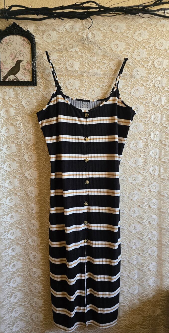 Striped Faux Button Front Midi Dress - Spaghetti Strap - Y2K - Rebel - Alt